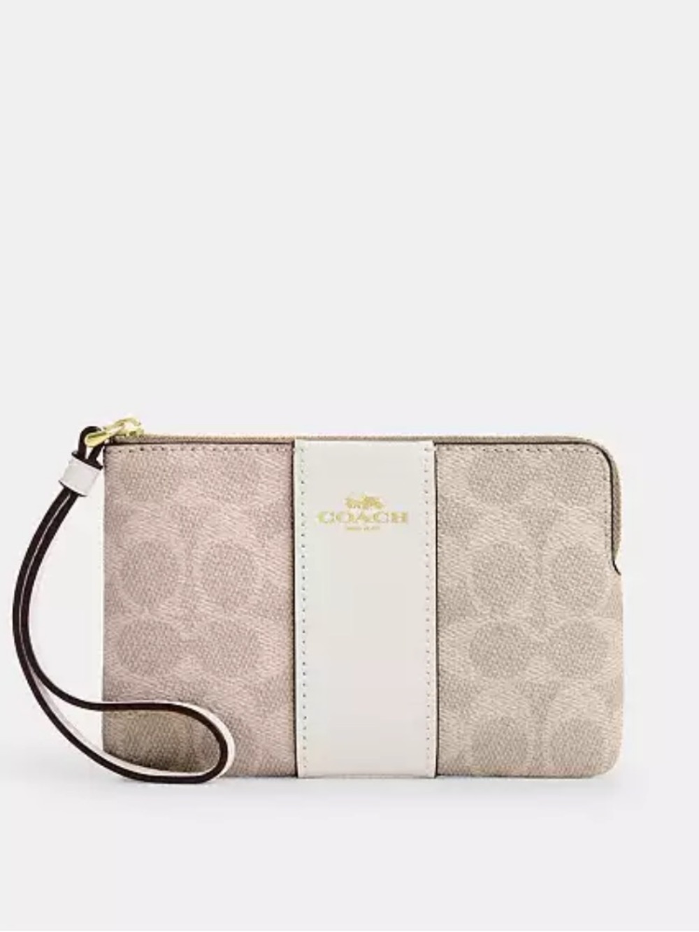 COACH CORNER ZIP WRISTLET SIGNATURE CANCES WITH STRIPE SAND/CHALK